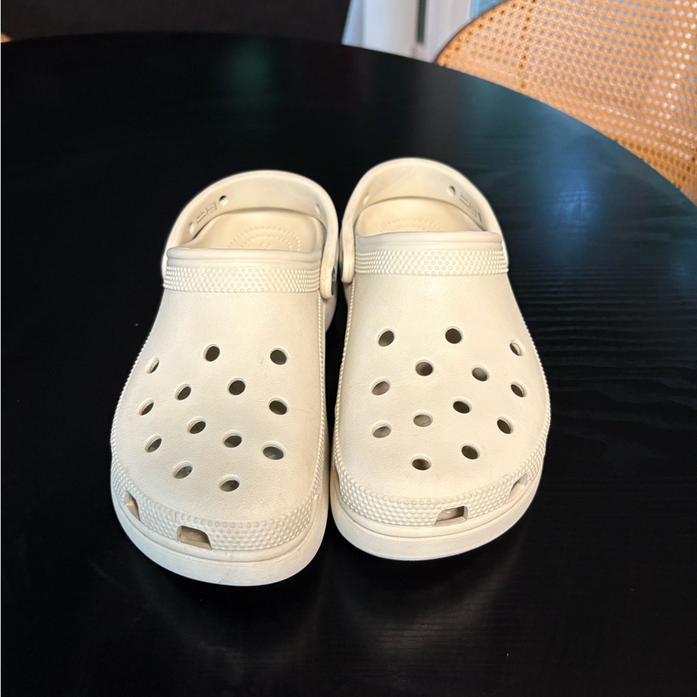 Cream platform crocs